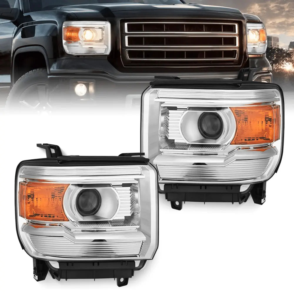 2014 2015 2016 2017 2018 GMC Sierra 1500 2500HD 3500HD Base Headlight Assembly Chrome Housing Amber Reflector Clear Lens Nilight