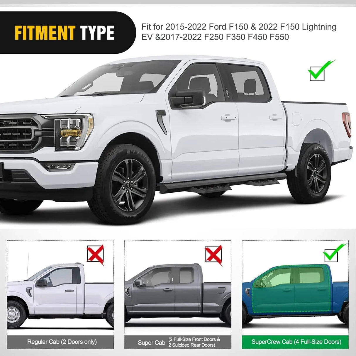 Running Board 2015 2016 2017 2018 2019 2020 2021 2022 Ford F150 | 2022 F150 Lightning EV | 2017 2018 2019 2020 2021 20222022 F250 F350 F450 F550 SuperCrew Cab Running Boards