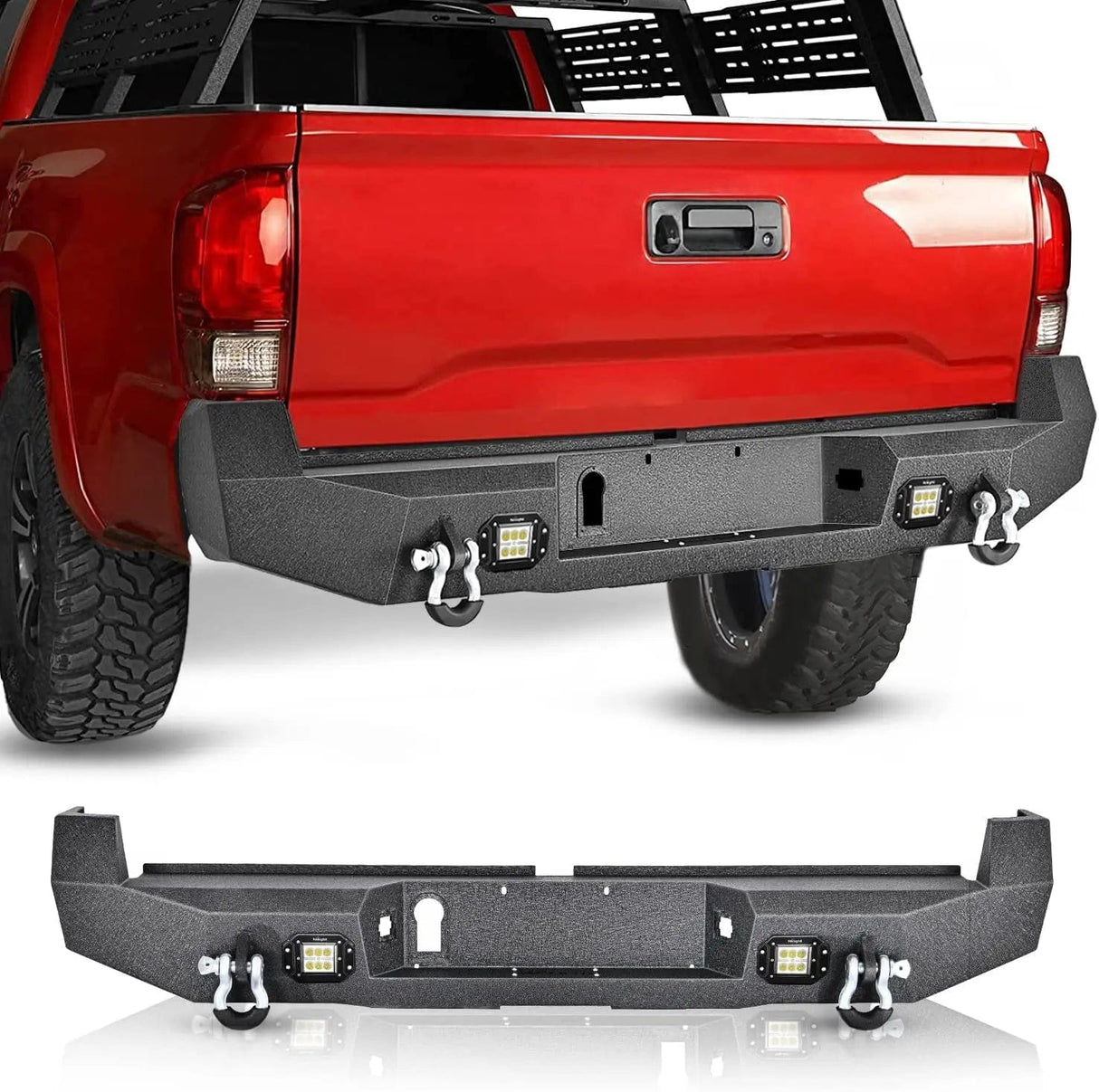 Rear Bumper 2016 2017 2018 2019 2020 2021 2022 2023 2024 Toyota Tacoma Rear Step Bumper Full Width Textured Black Solid Steel Off-Road with 2Pcs Upgraded 18W LED Lights D-Rings