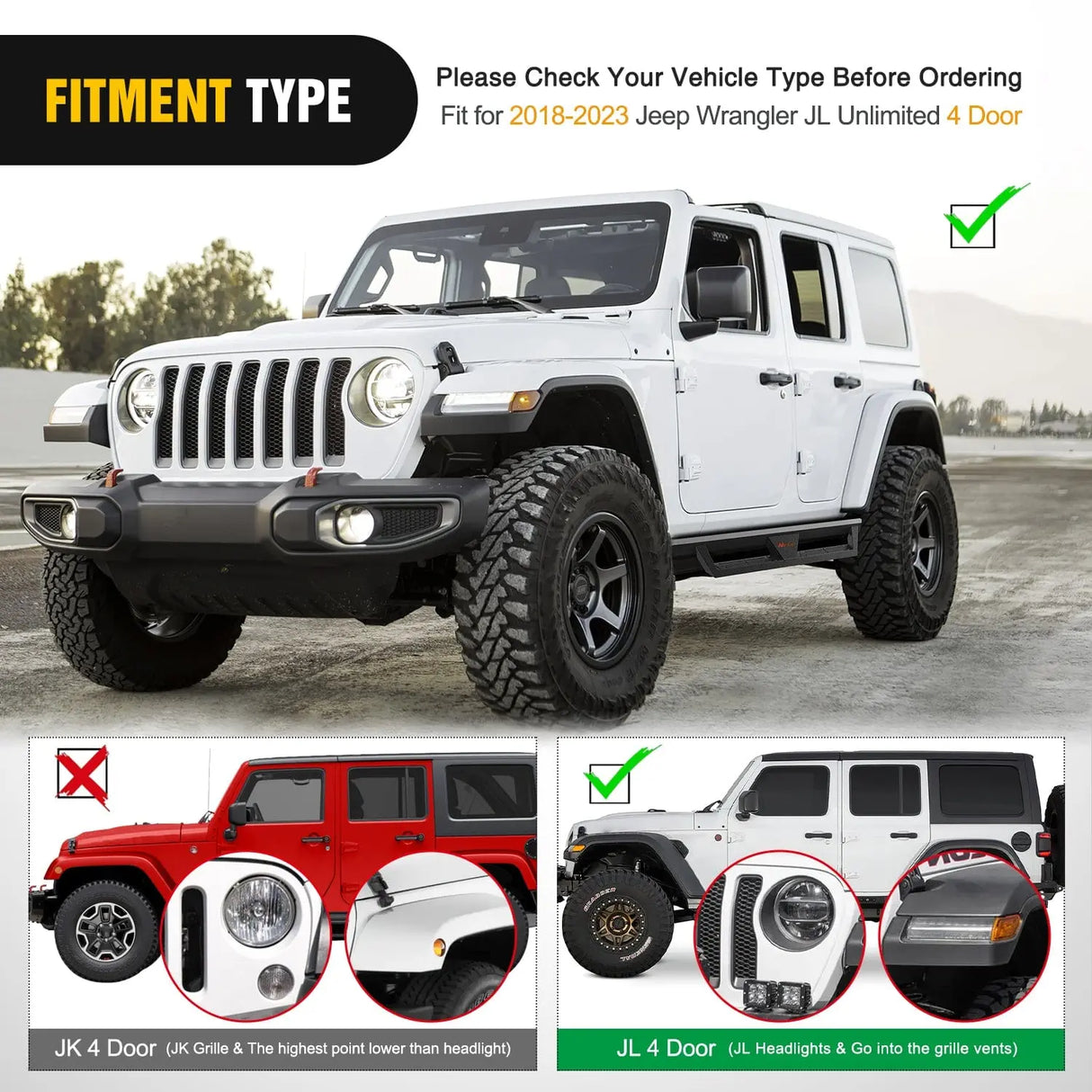 2018 2019 2020 2021 2022 2023 2024 Jeep Wrangler JL Unlimited 4 Door Running Boards Dual-Stage Textured Black Powder Coated Slip-Proof Side Step Nerf Bars Nilight