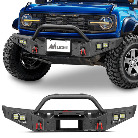Rear Bumper 2021 2022 2023 2024 Ford Bronco Front Bumper with 4Pcs 18W Flush Mount LED Work Lights Winch Plate License Plate Bracket Sensor Hole