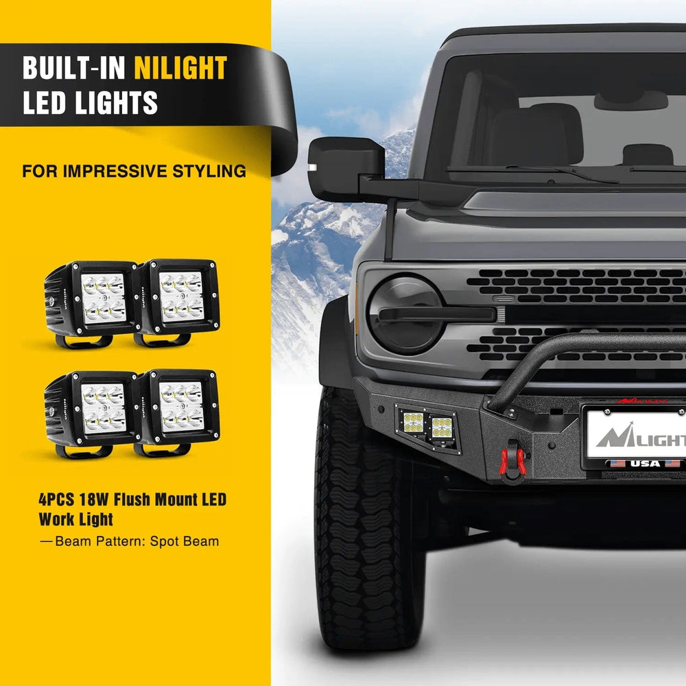 Rear Bumper 2021 2022 2023 2024 Ford Bronco Front Bumper with 4Pcs 18W Flush Mount LED Work Lights Winch Plate License Plate Bracket Sensor Hole