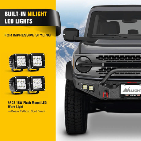 Rear Bumper 2021 2022 2023 2024 Ford Bronco Front Bumper with 4Pcs 18W Flush Mount LED Work Lights Winch Plate License Plate Bracket Sensor Hole