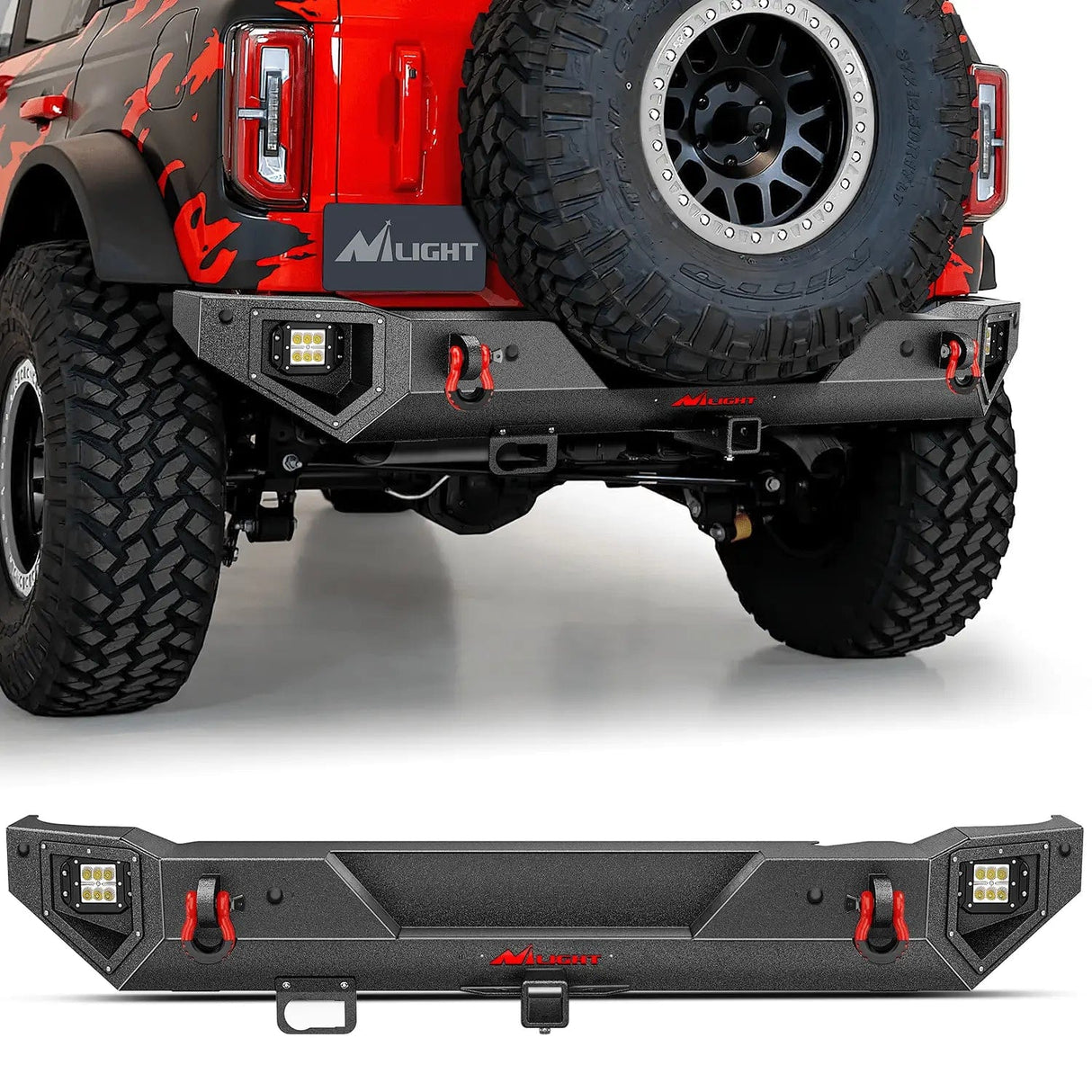 Rear Bumper 2021 2022 2023 2024 Ford Bronco Rear Bumper Rock Crawler Bumper with Hitch Receiver 2Pcs Upgraded 18W Flood LED Work Light Wire Hole