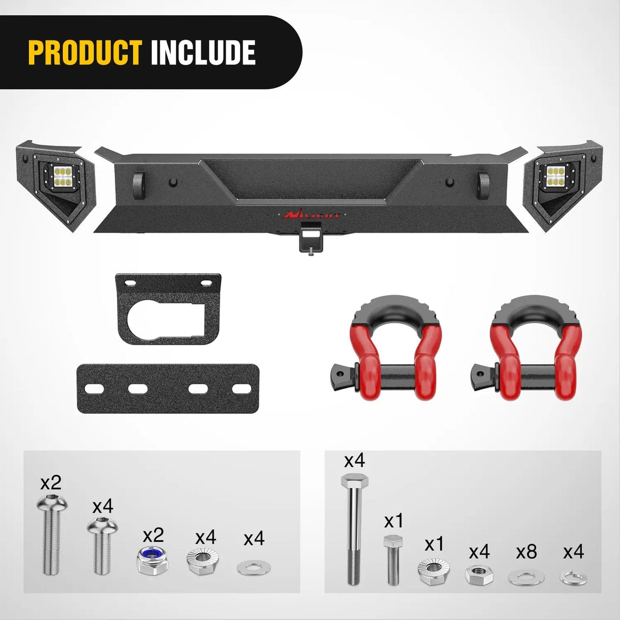 Rear Bumper 2021 2022 2023 2024 Ford Bronco Rear Bumper Rock Crawler Bumper with Hitch Receiver 2Pcs Upgraded 18W Flood LED Work Light Wire Hole