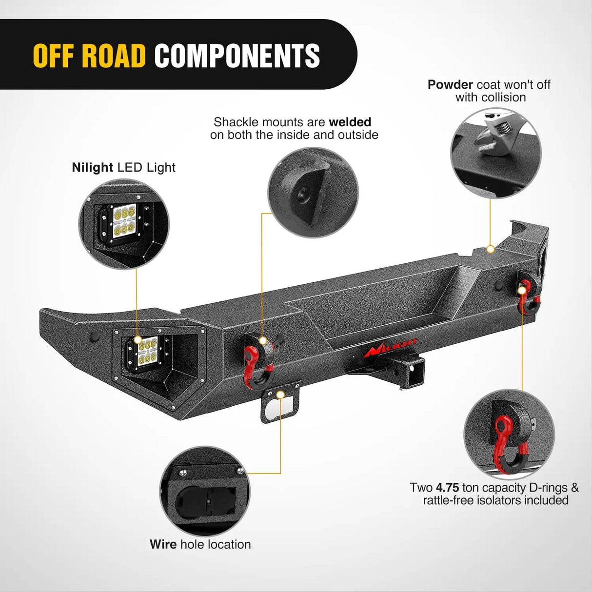 Rear Bumper 2021 2022 2023 2024 Ford Bronco Rear Bumper Rock Crawler Bumper with Hitch Receiver 2Pcs Upgraded 18W Flood LED Work Light Wire Hole