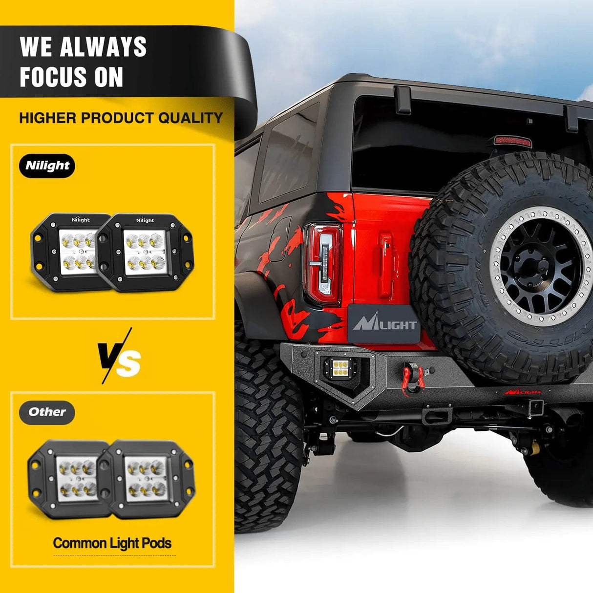 Rear Bumper 2021 2022 2023 2024 Ford Bronco Rear Bumper Rock Crawler Bumper with Hitch Receiver 2Pcs Upgraded 18W Flood LED Work Light Wire Hole