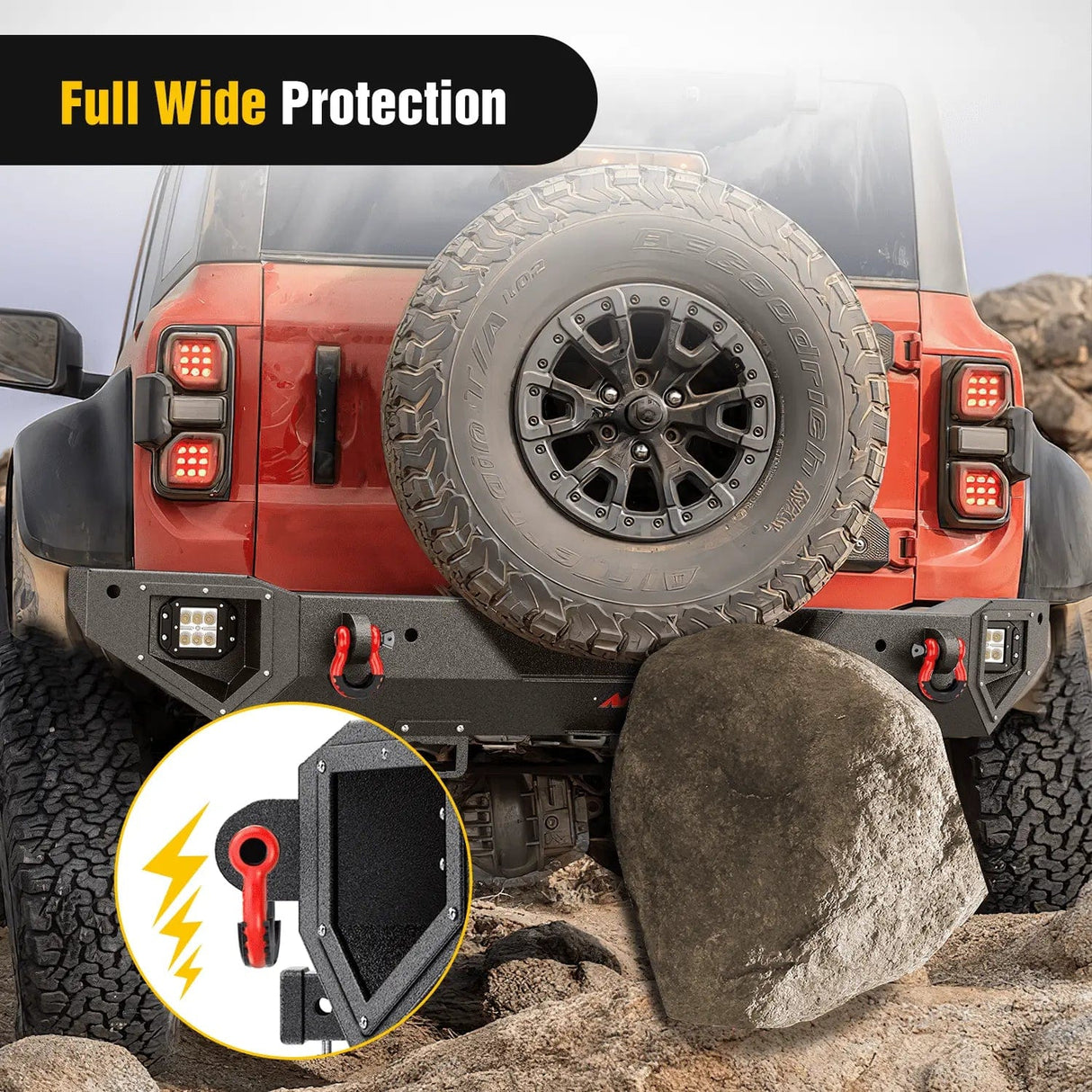 Rear Bumper 2021 2022 2023 2024 Ford Bronco Rear Bumper Rock Crawler Bumper with Hitch Receiver 2Pcs Upgraded 18W Flood LED Work Light Wire Hole