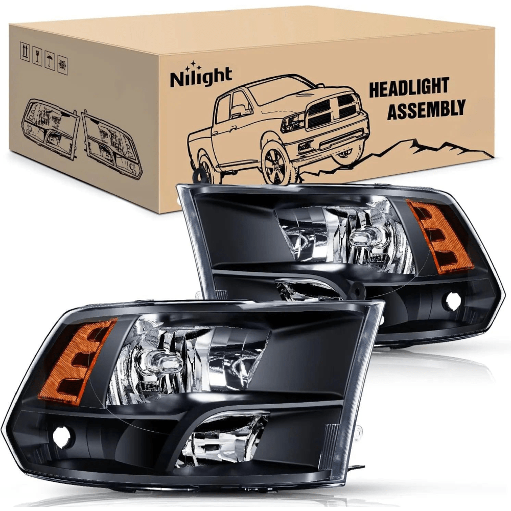 Headlight Assembly 2009 2010 2011 2012 2013 2014 2015 2016 2017 2018 Dodge Ram 1500 2500 3500 4500 5500 Headlight Assembly Black Case Amber Reflector