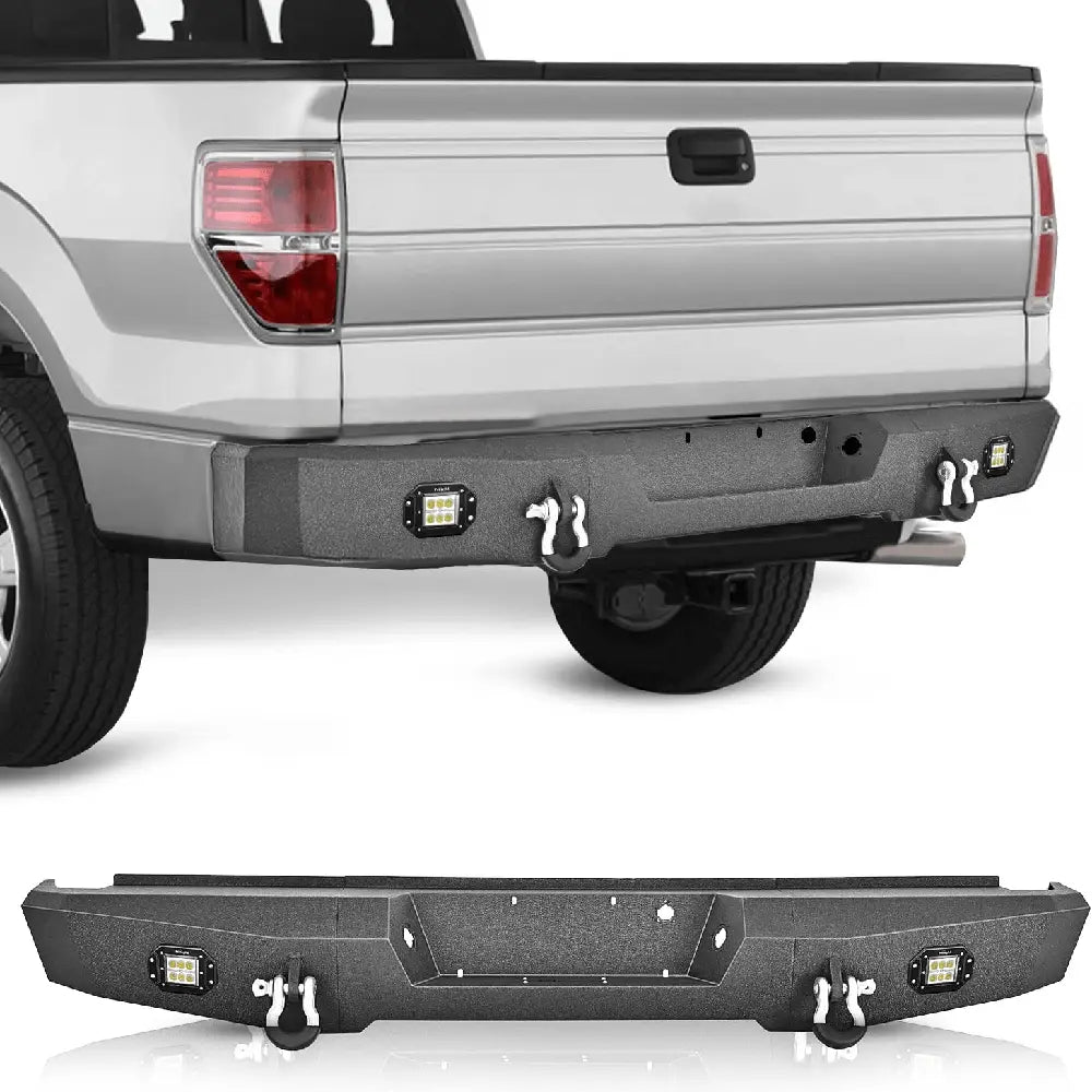 Rear Bumper 2009 2010 2011 2012 2013 2014 Ford F150 Rear Step Bumper Full Width Textured Black Solid Steel Offroad with 2Pcs Upgraded 18W LED Lights D-Rings