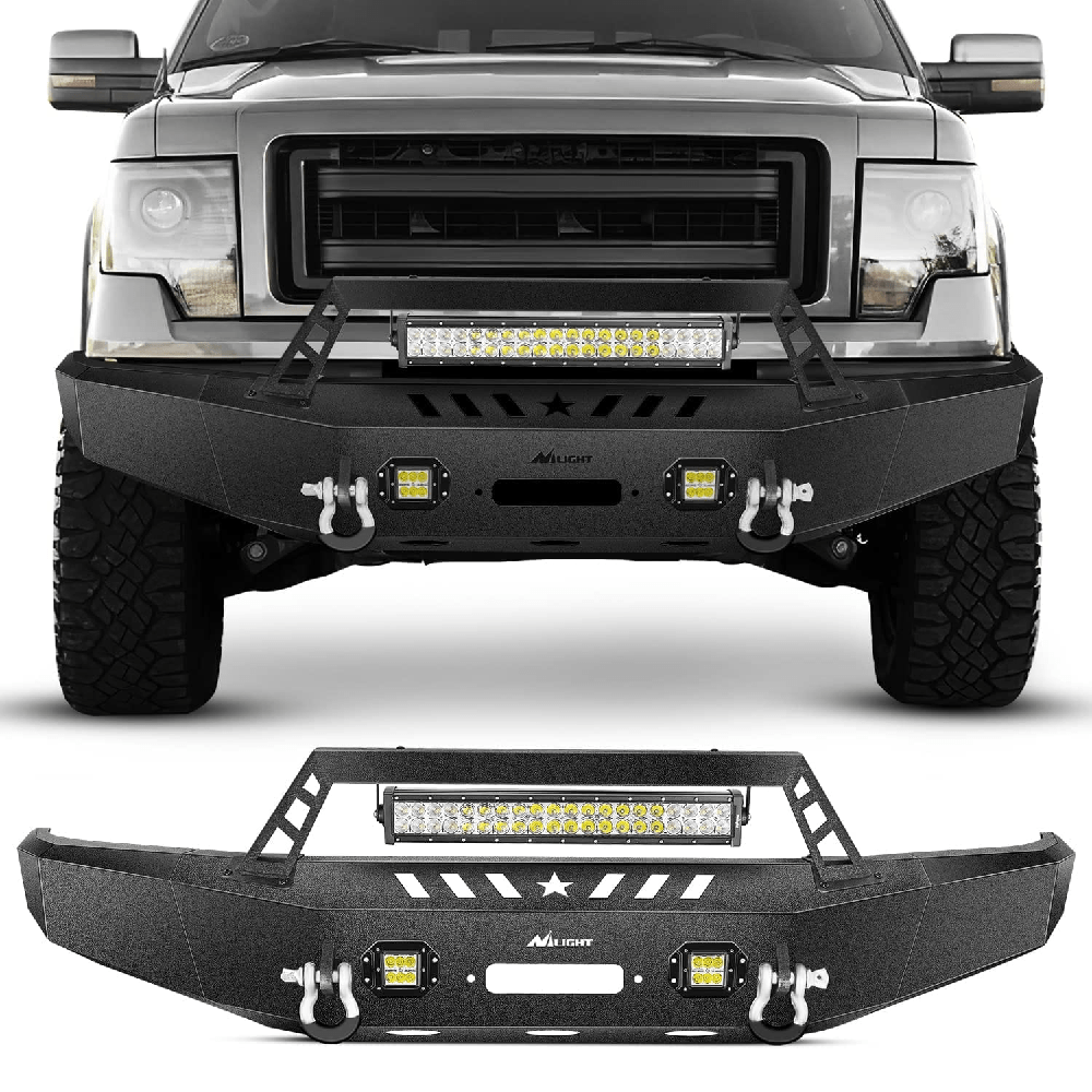 Front Bumper 2009-2014 Ford F150 Front Bumper Full Width Solid Steel with Winch Plate Offroad 120W LED Light Bar 2Pcs 18W LED Work Light Pods