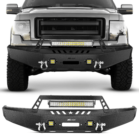 Front Bumper 2009-2014 Ford F150 Front Bumper Full Width Solid Steel with Winch Plate Offroad 120W LED Light Bar 2Pcs 18W LED Work Light Pods
