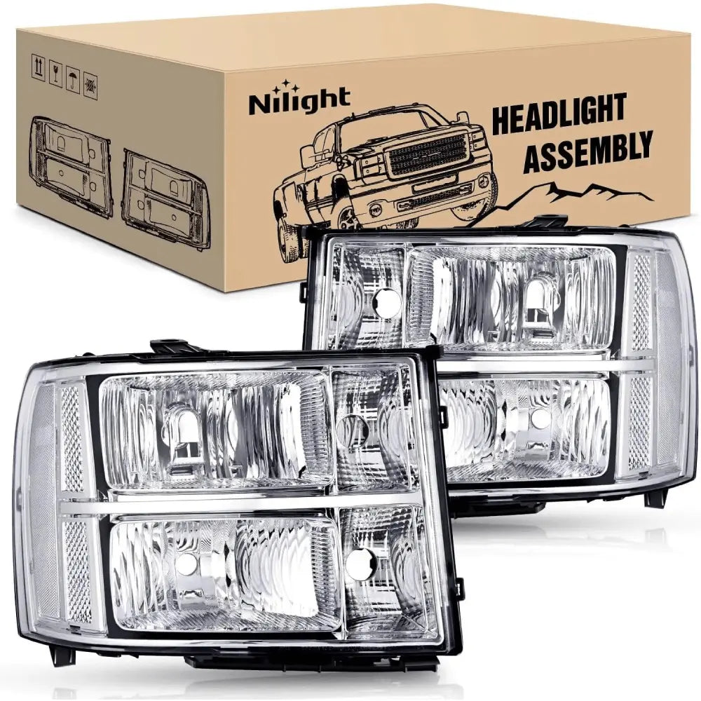 Headlight Assembly 2007 2008 2009 2010 2011 2012 2013 2014 GMC Sierra 1500 2500 3500HD Headlight Assembly Chrome Case Clear Reflector