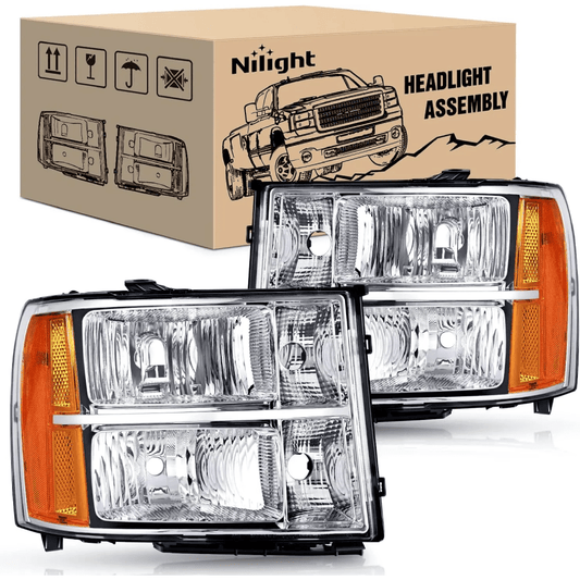 Headlight Assembly 2007 2008 2009 2010 2011 2012 2013 2014 GMC Sierra 1500 2500 3500HD Headlight Assembly Chrome Case Amber Reflector