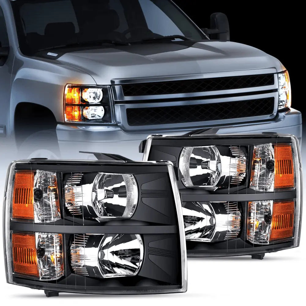 Headlight Assembly 2007 2008 2009 2010 2011 2013 Chevy Silverado 1500 2007 2008 2009 2010 2011 2013 2014 Silverado 2500HD 3500HD Headlight Assembly Black Case Amber Reflector