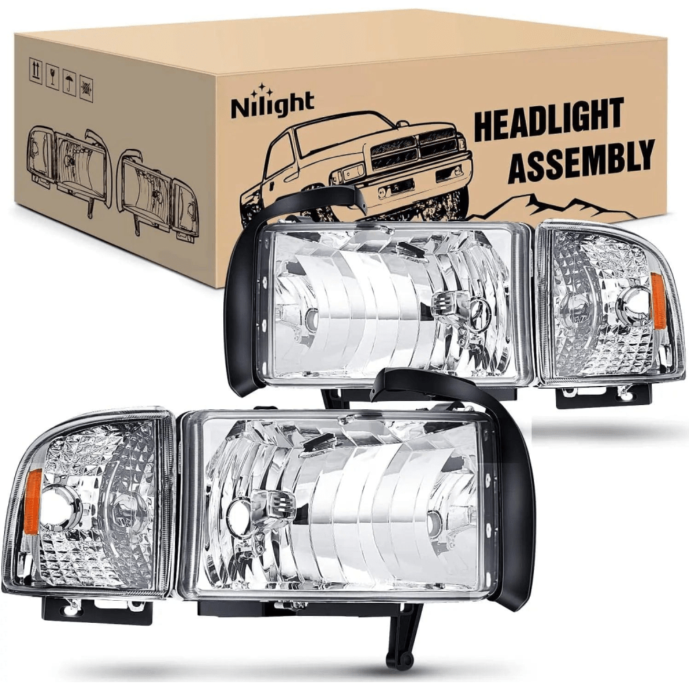Headlight Assembly 1994 1995 1996 1997 1998 1999 2000 2001 2002 Dodge RAM 1500 2500 3500 Headlight Assembly Chrome Case Amber Reflector