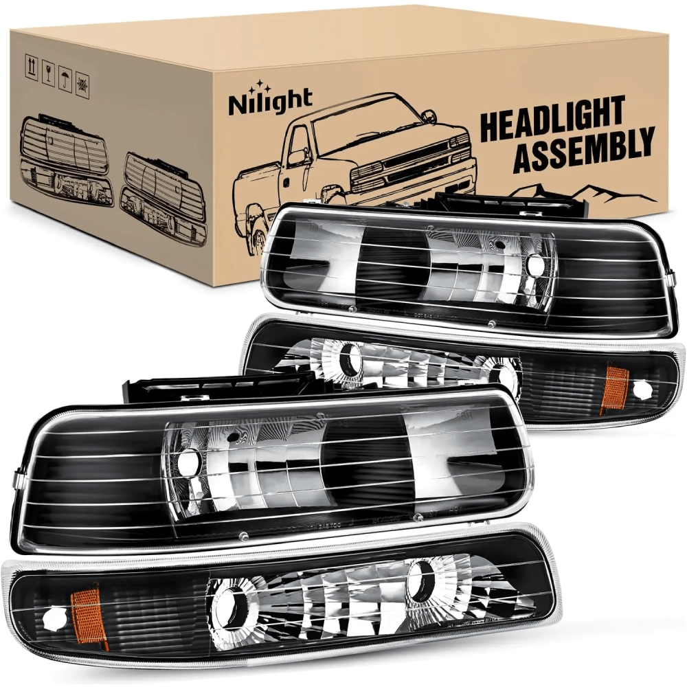 Headlight Assembly 1999 2000 2001 2002 Chevy Silverado Avalanche 1500 1500HD 2500 2500HD 3500 Chevrolet Tahoe Suburban Headlight Assembly Black Case Amber Reflector