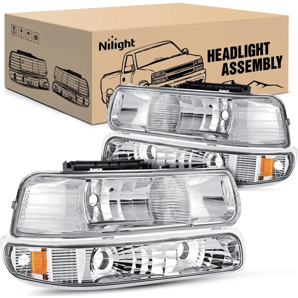 Headlight Assembly 1999 2000 2001 2002 Chevy Silverado Avalanche 1500 1500HD 2500 2500HD 3500 Chevrolet Tahoe Suburban Headlight Assembly Chrome Case Amber Reflector
