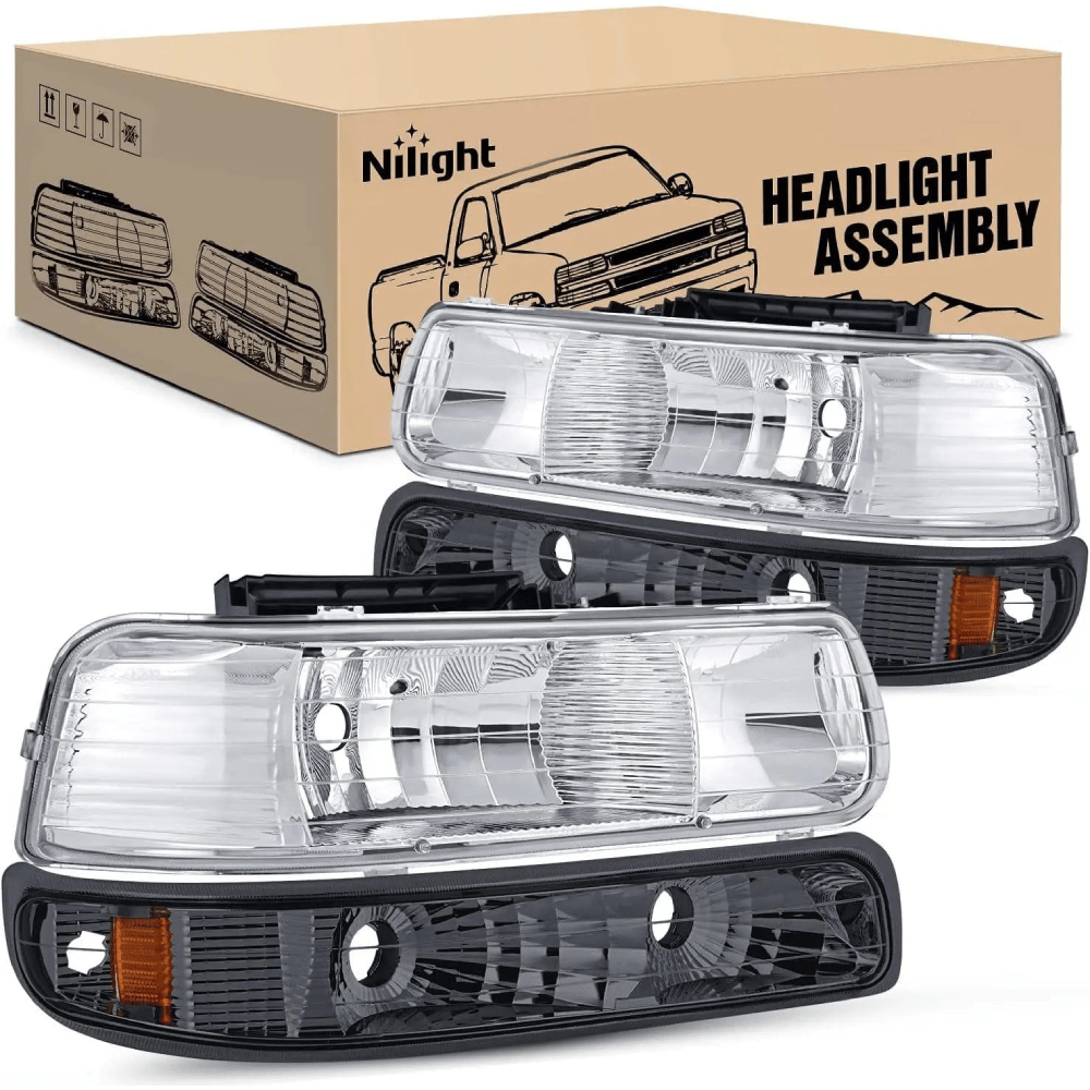 Headlight Assembly 1999 2000 2001 2002 Chevy Silverado Avalanche 1500 1500HD 2500 2500HD 3500 Chevrolet Tahoe Suburban Headlight Assembly Chrome Case Amber Reflector Smoke Lens