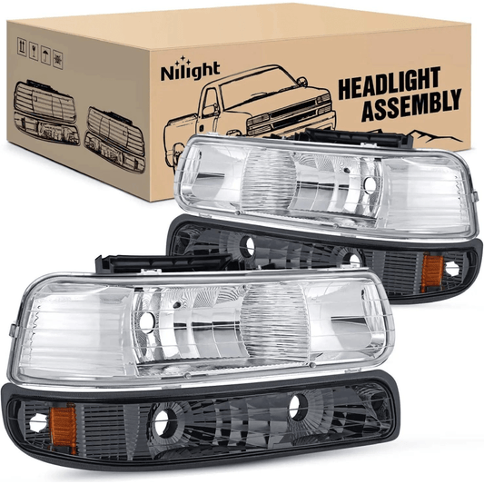 Headlight Assembly 1999 2000 2001 2002 Chevy Silverado Avalanche 1500 1500HD 2500 2500HD 3500 Chevrolet Tahoe Suburban Headlight Assembly Chrome Case Amber Reflector Smoke Lens