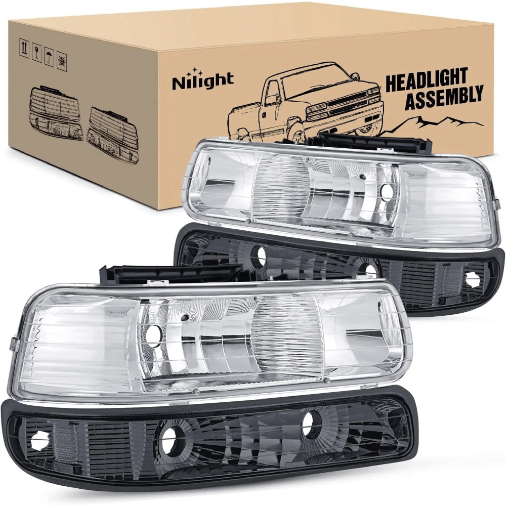 Headlight Assembly 1999 2000 2001 2002 Chevy Silverado Avalanche 1500 1500HD 2500 2500HD 3500 Chevrolet Tahoe Suburban Headlight Assembly Chrome Case Clear Reflector Smoke Lens
