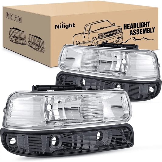 Headlight Assembly 1999 2000 2001 2002 Chevy Silverado Avalanche 1500 1500HD 2500 2500HD 3500 Chevrolet Tahoe Suburban Headlight Assembly Chrome Case Clear Reflector Smoke Lens