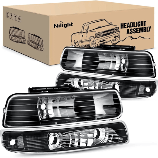 Headlight Assembly 1999 2000 2001 2002 2003 2004 2005 2006 Chevy Silverado Avalanche 1500 1500HD 2500 2500HD 3500 Chevrolet Tahoe Suburban Headlight Assembly Black Case Clear Reflector