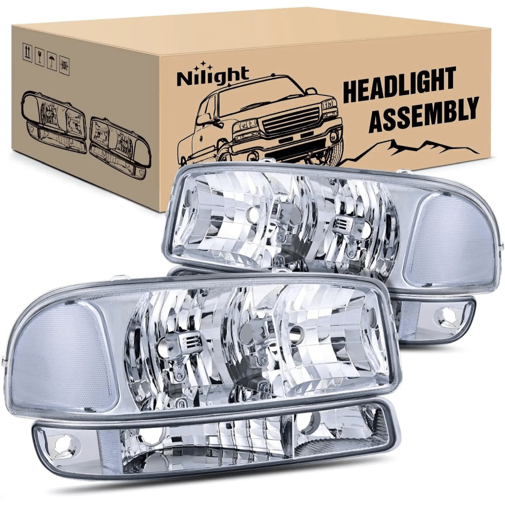 Headlight Assembly 1999 2000 2001 2002 2003 2004 2005 2006 GMC Sierra Yukon Headlight Assembly Chrome Case Clear Reflector