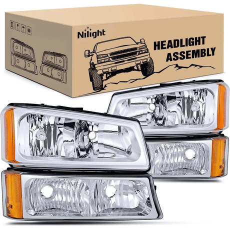 Headlight Assembly 2003 2004 2005 2006 Chevy Silverado Avalanche 1500 1500HD 2500 2500HD 3500 Headlight Assembly Chrome Case Amber Reflector