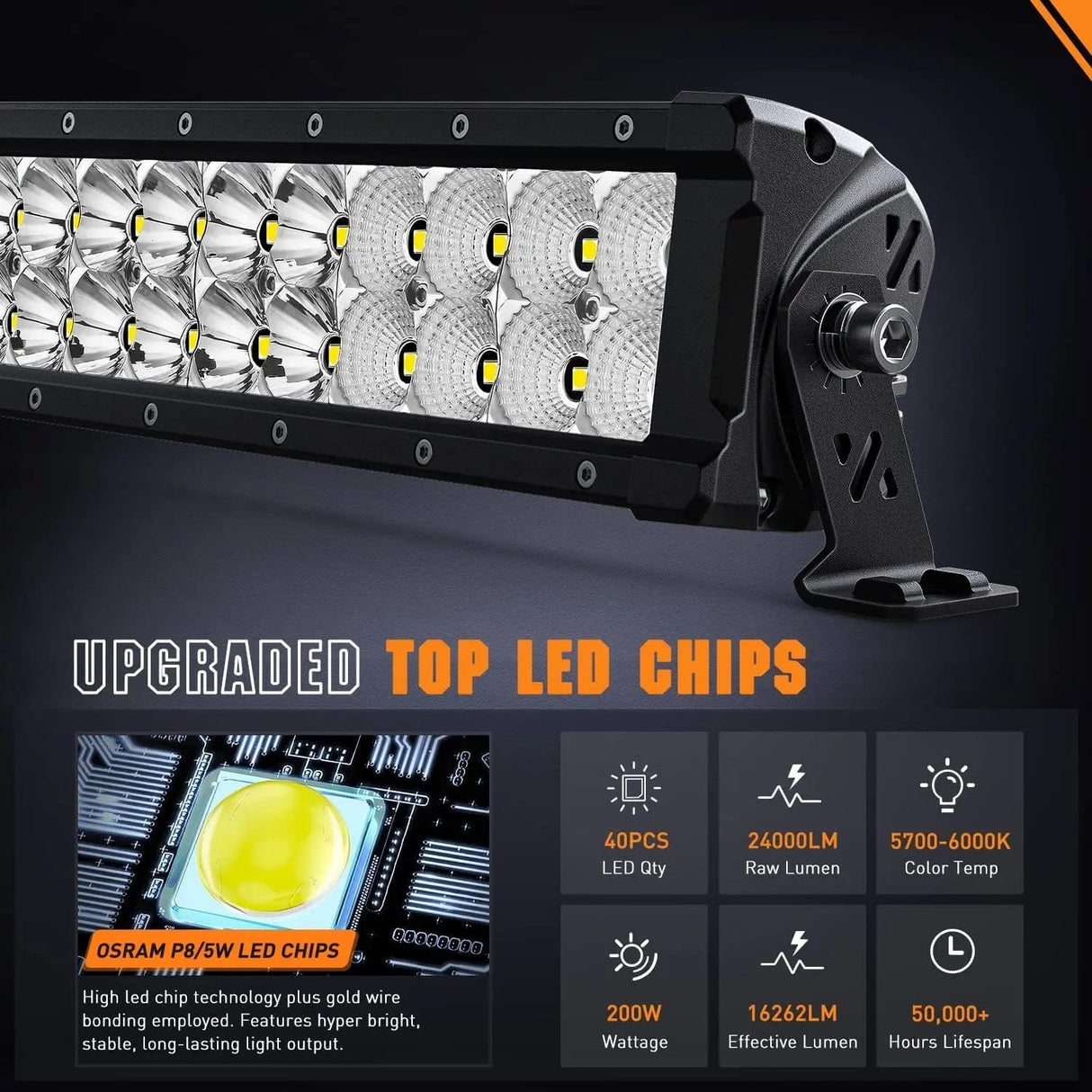 LED Light Bar 21.6 Inch 200W 24000LM Spot Flood Osram P8-5W Chips LED Light Bar