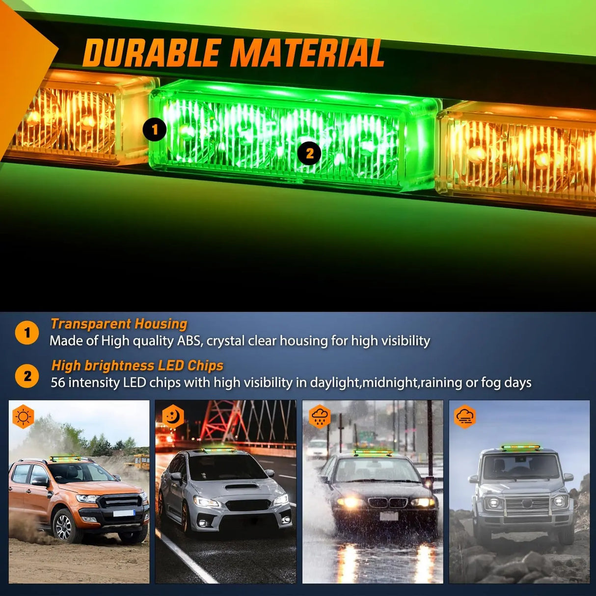 29.5 Inch Roof Top Amber Mix Green Strobe Lights 56LED Hazard Emergency Warning Light Bar Magnetic Mount Nilight