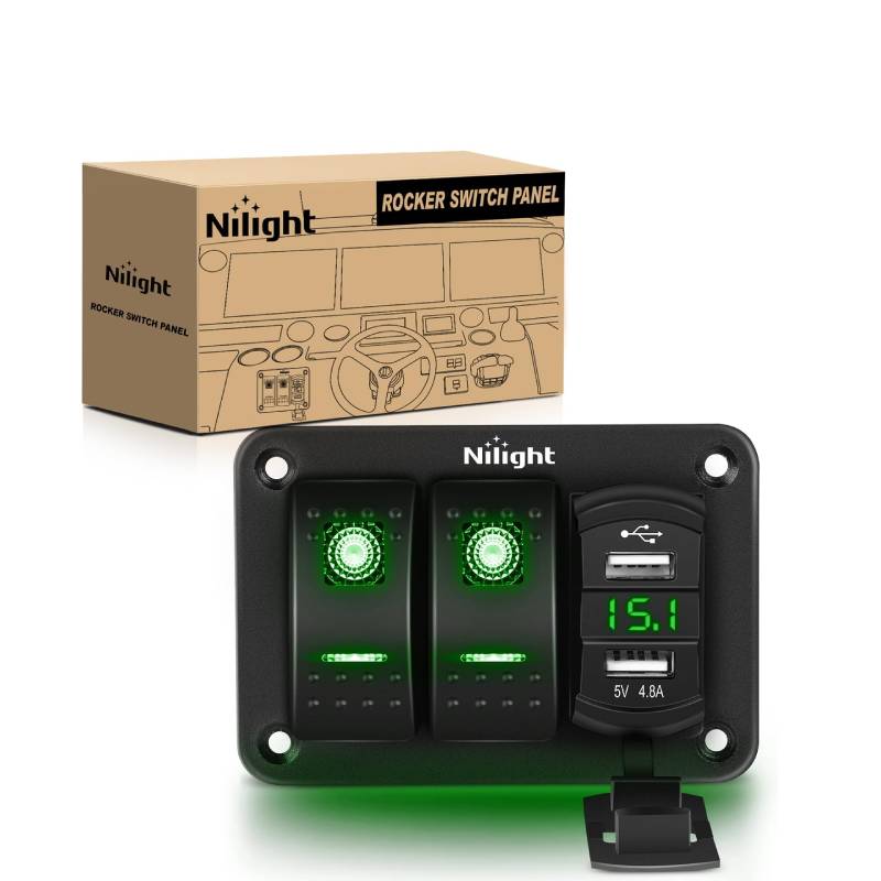 2Gang Green Rocker Switch Panel w/ 4.8 Amp Dual USB Charger Voltmeter –  Nilight