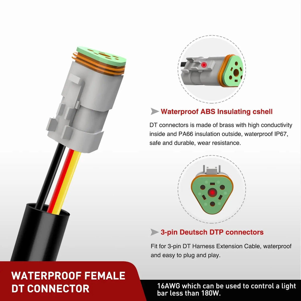 Wiring Harness Kit 2PCS 16AWG 10FT Wire Extension Kit 3Pin Socket DT Connector