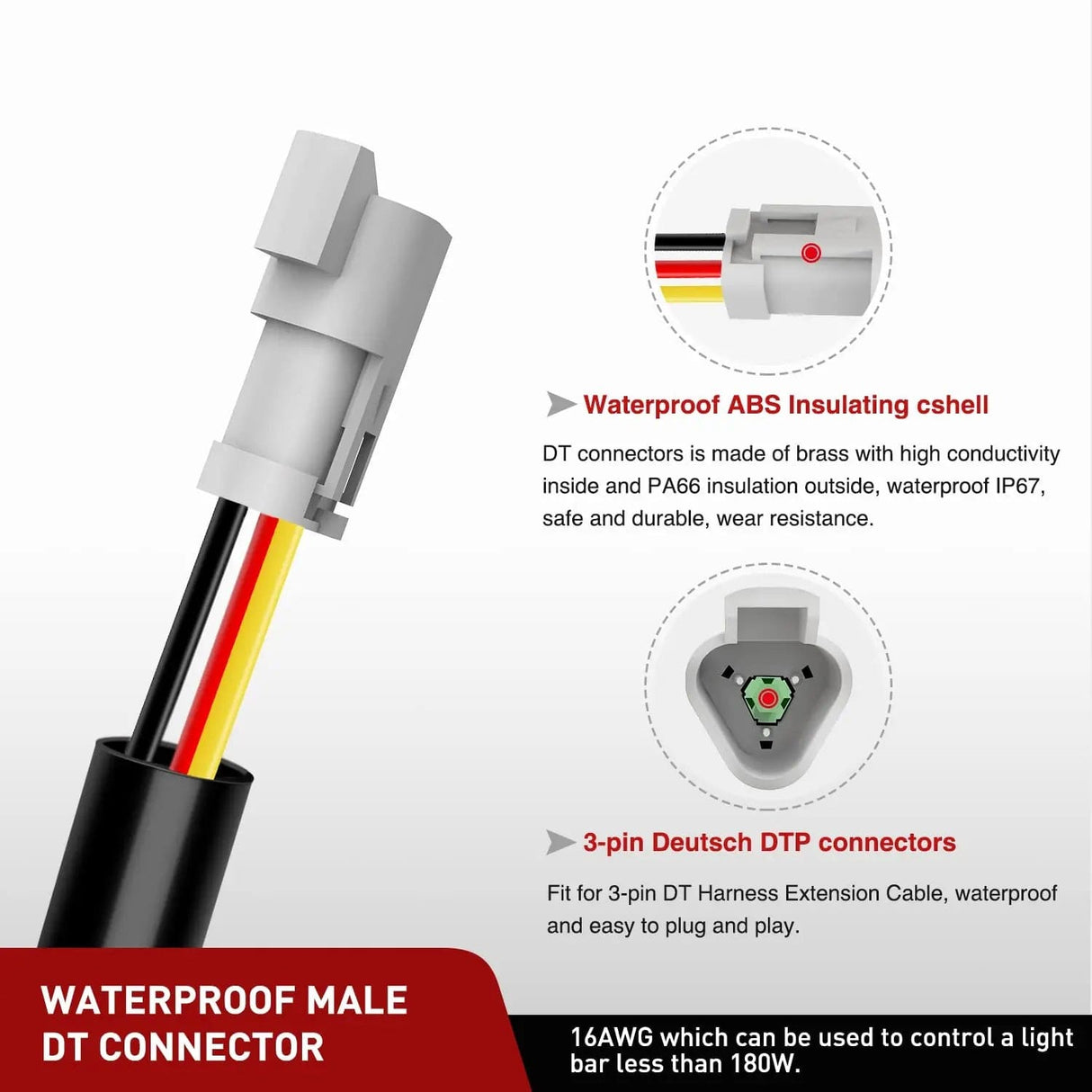 Wiring Harness Kit 2PCS 16AWG 10FT Wire Extension Kit 3Pin Socket DT Connector