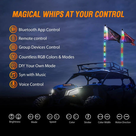 LED Whip Light 2Pcs 3FT Spiral Antenna Bluetooth Remote App Control Led Whip Light | 10FT Wire 5Pin Switch