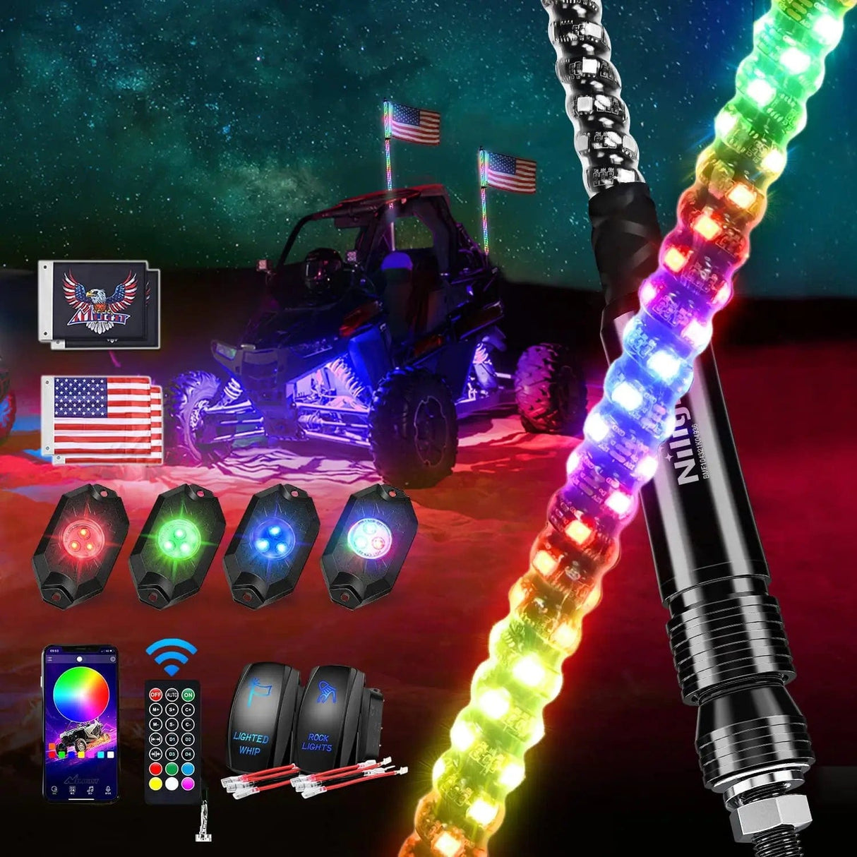 LED Whip Light 2Pcs 3FT Spiral Antenna Bluetooth Remote App Control Led Whip Light | 4Pcs RGB Rock Lights | Wire 5Pin Switch Kits
