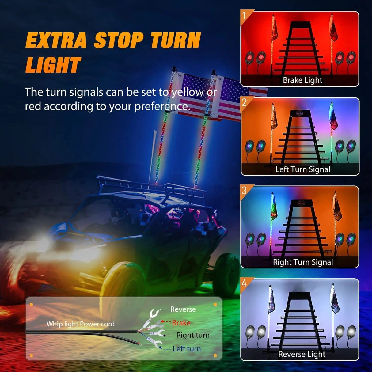 LED Whip Light 2Pcs 3FT Spiral Antenna Bluetooth Remote App Control Led Whip Light | 4Pcs RGB Rock Lights | Wire 5Pin Switch Kits