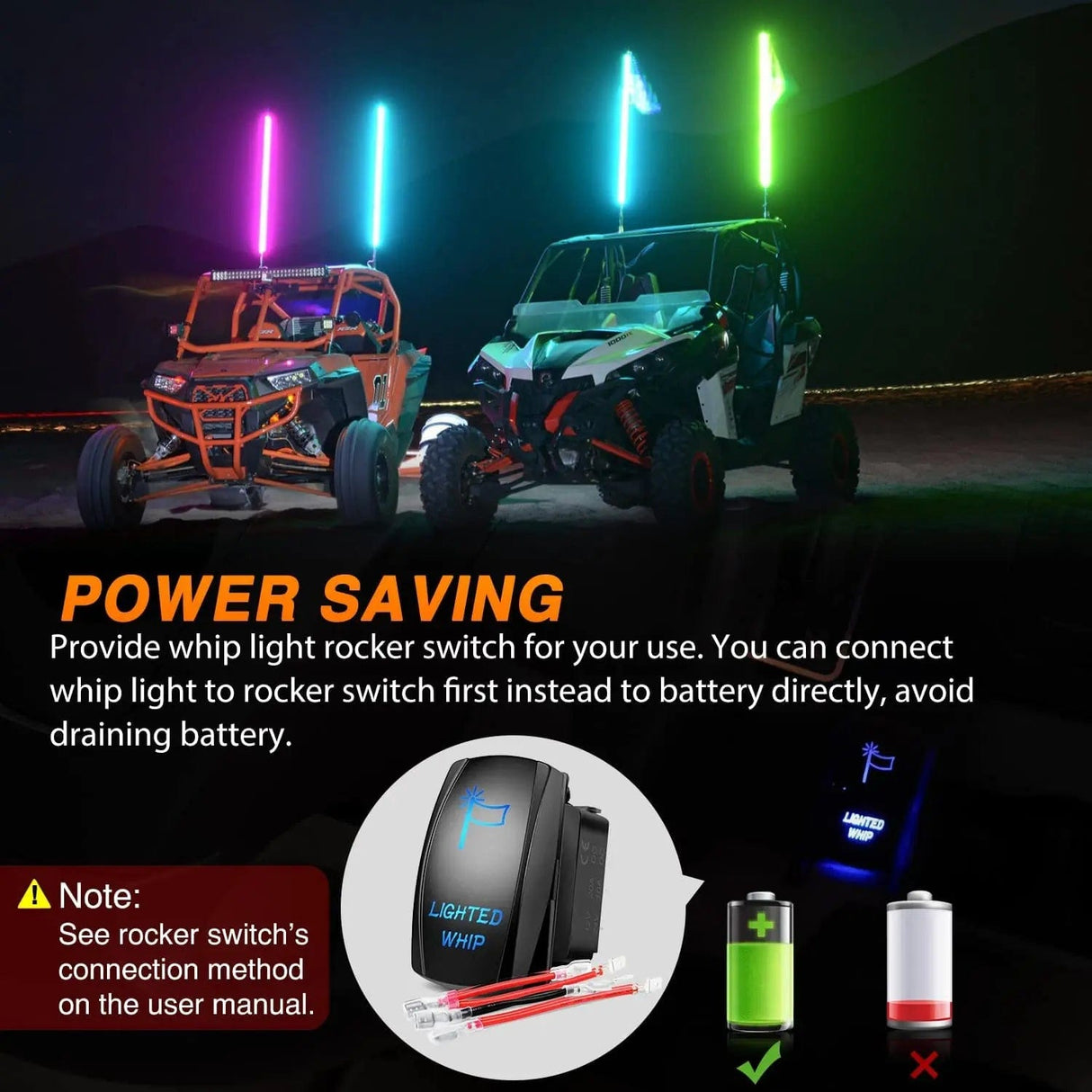 Motor Vehicle Lighting 2Pcs 3FT Spiral Antenna Led Whip Light RF Remote Control | 8.6FT Wire 5Pin Switch