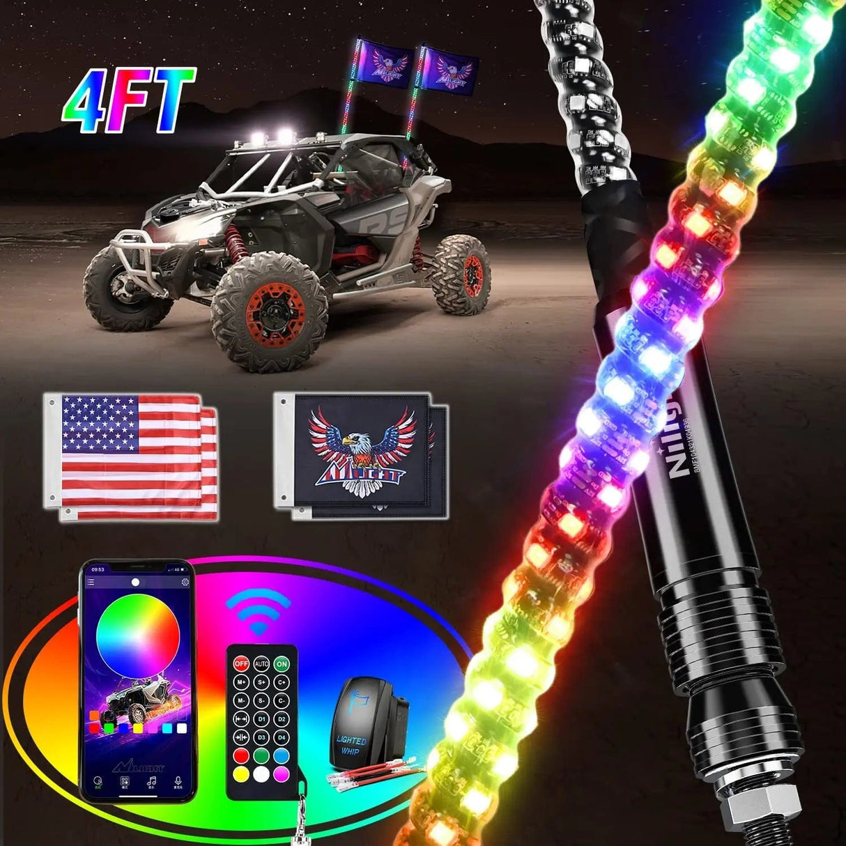 LED Whip Light 2Pcs 4FT Spiral Antenna Bluetooth Remote App Control Led Whip Light | 10FT Wire 5Pin Switch