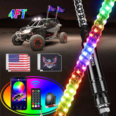 LED Whip Light 2Pcs 4FT Spiral Antenna Bluetooth Remote App Control Led Whip Light | 10FT Wire 5Pin Switch