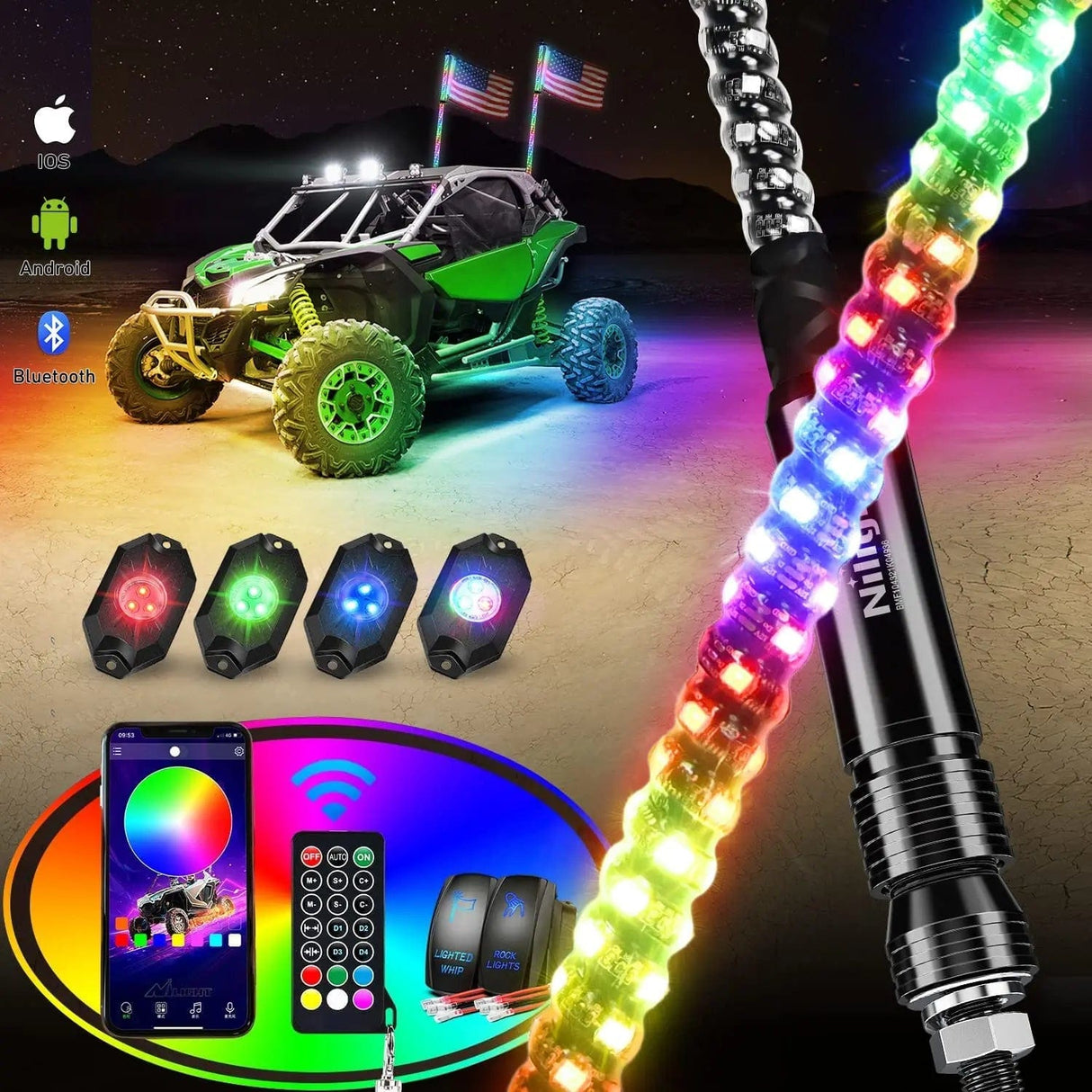 LED Whip Light 2Pcs 4FT Spiral Antenna Bluetooth Remote App Control Led Whip Light | 4Pcs RGB Rock Lights | Wire 5Pin Switch Kits