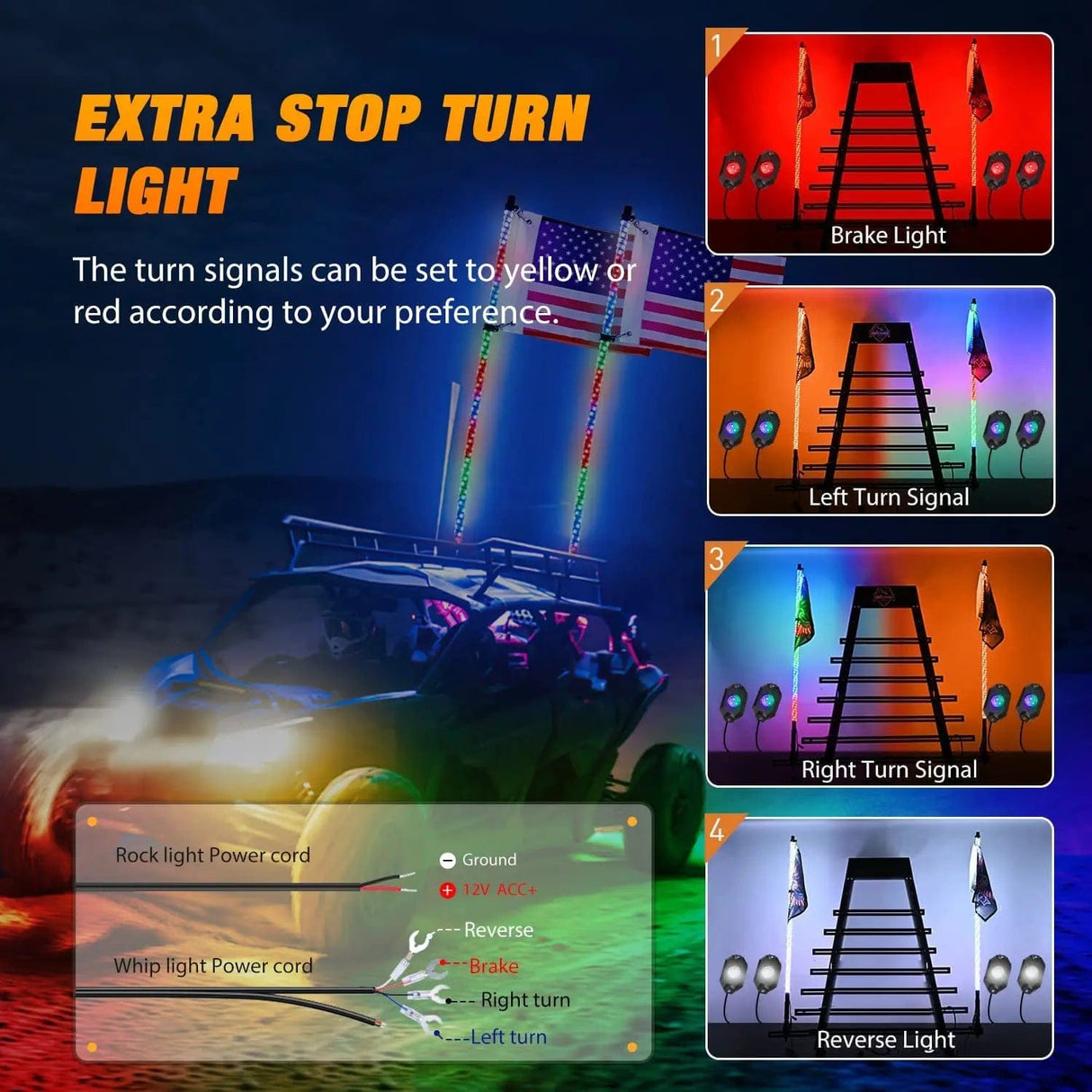 LED Whip Light 2Pcs 4FT Spiral Antenna Bluetooth Remote App Control Led Whip Light | 4Pcs RGB Rock Lights | Wire 5Pin Switch Kits