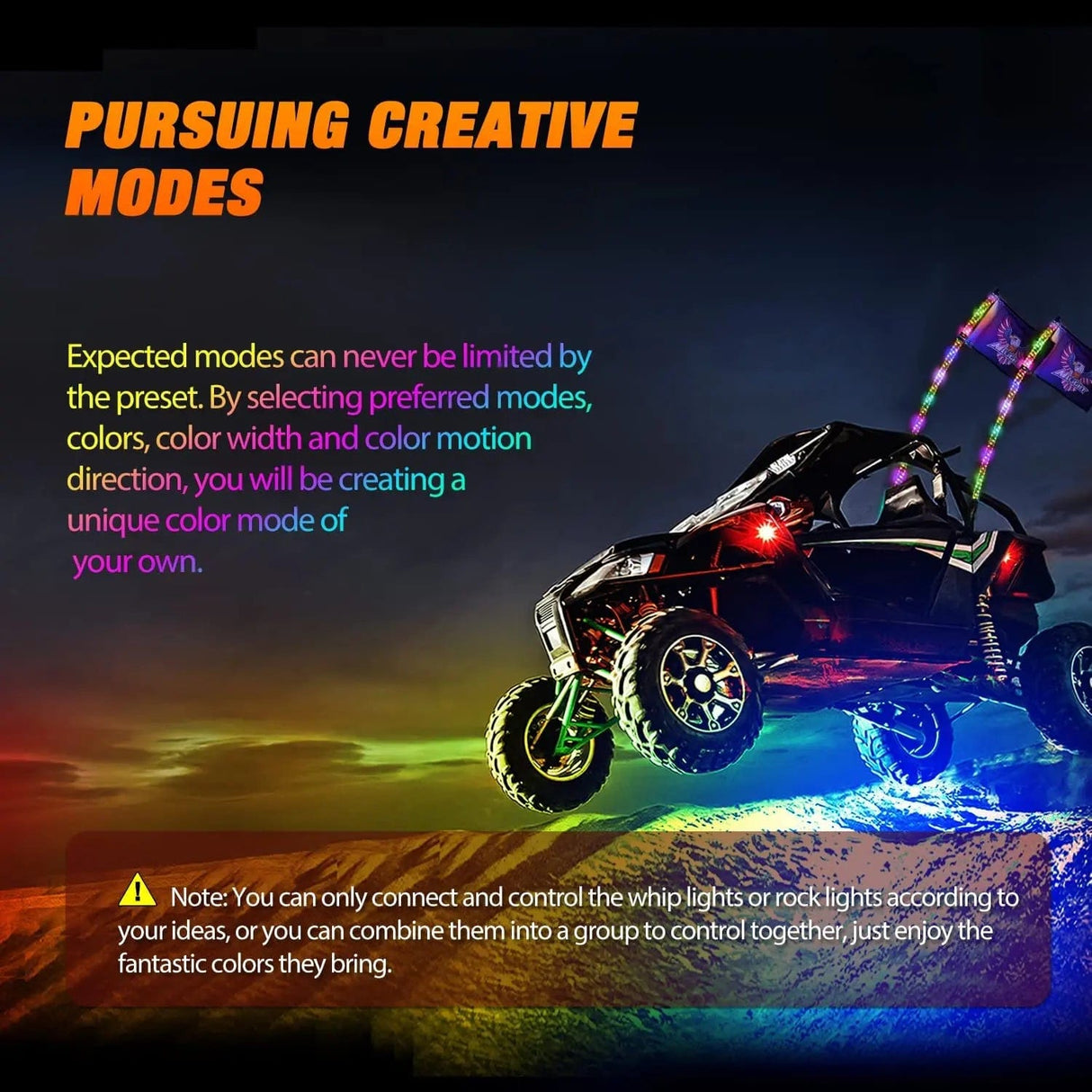 LED Whip Light 2Pcs 4FT Spiral Antenna Bluetooth Remote App Control Led Whip Light | 4Pcs RGB Rock Lights | Wire 5Pin Switch Kits