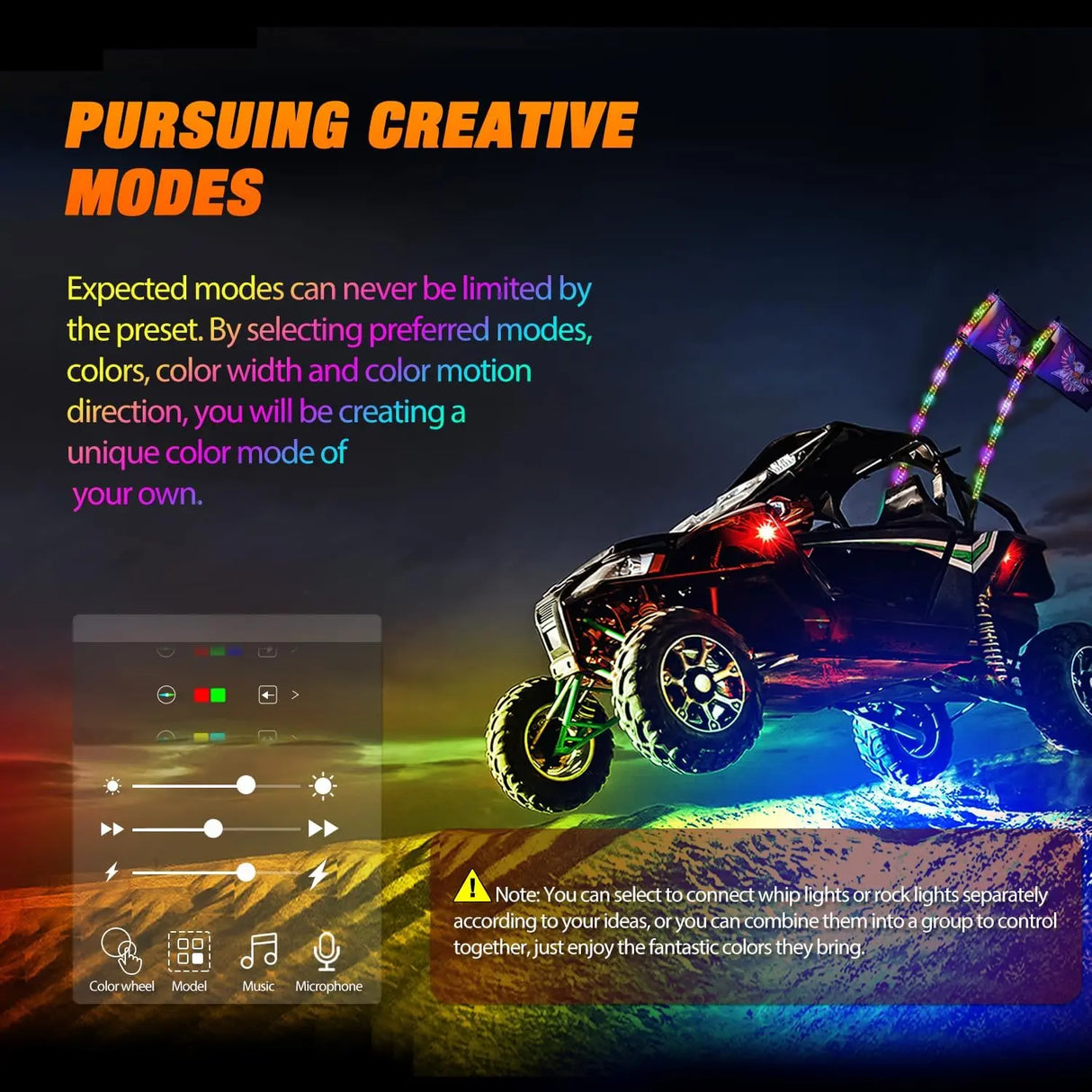 2Pcs 4FT Spiral Antenna Bluetooth Remote App Control Led Whip Light | 8Pcs RGB Rock Lights | Wire 5Pin Switch Kits Nilight