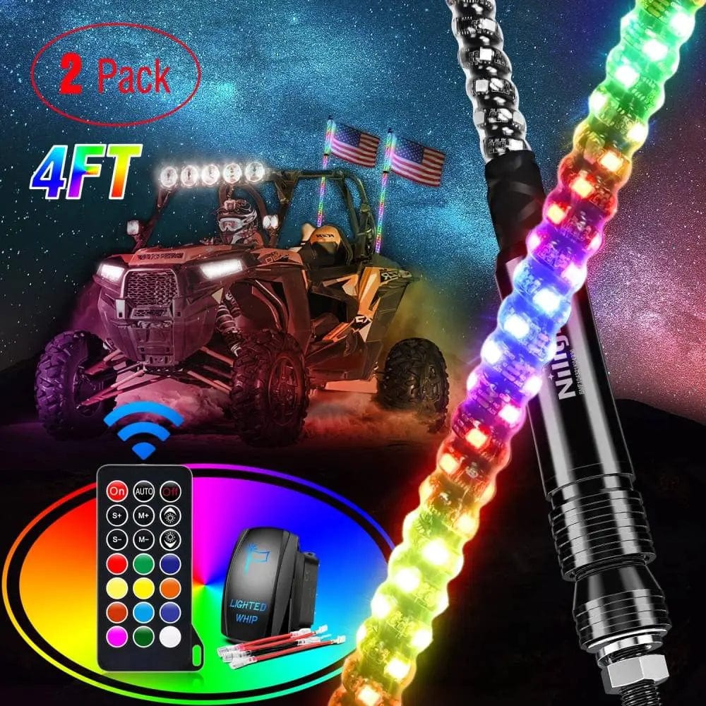 Motor Vehicle Lighting 2Pcs 4FT Spiral Antenna Led Whip Light RF Remote Control | 8.6FT Wire 5Pin Switch
