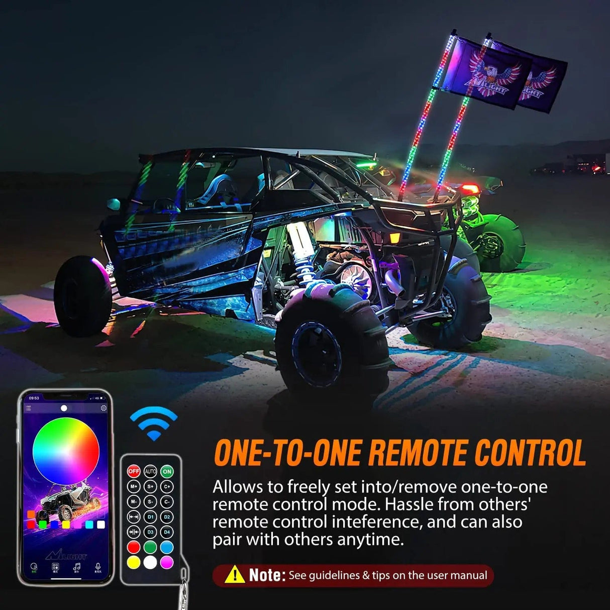 LED Whip Light 2Pcs 5FT Spiral Antenna Bluetooth Remote App Control Led Whip Light | 10FT Wire 5Pin Switch