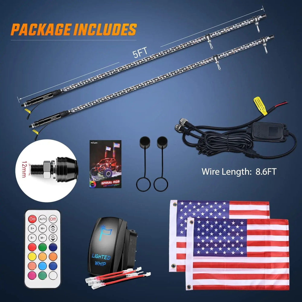 Motor Vehicle Lighting 2Pcs 5FT Spiral Antenna Led Whip Light RF Remote Control | 8.6FT Wire 5Pin Switch