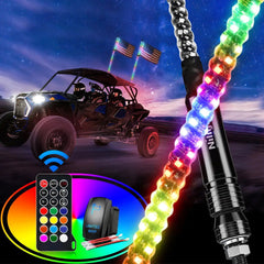 2Pcs 6FT Spiral Antenna Led Whip Light RF Remote Control | 8.6FT Wire 5Pin Switch