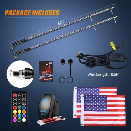 LED Whip Light 2Pcs 6FT Spiral Antenna Led Whip Light RF Remote Control | 8.6FT Wire 5Pin Switch