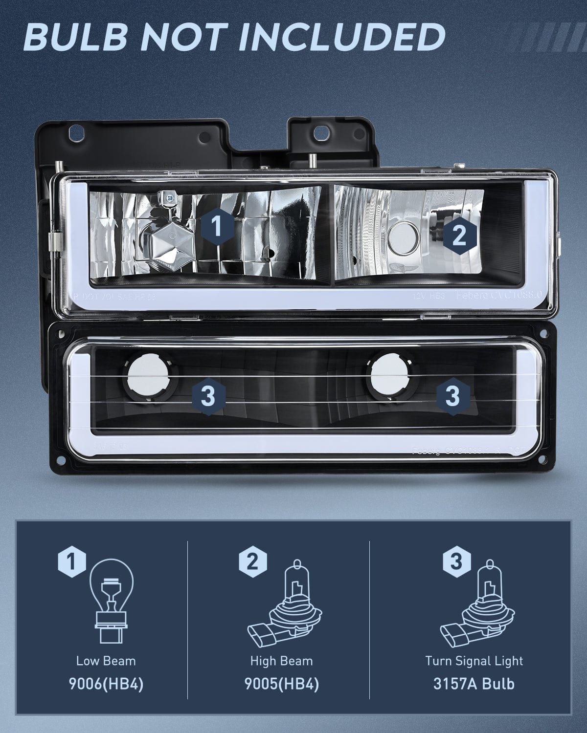 Headlight Assembly 1988 1989 1990 1991 1992 1993 1994 1995 1996 1997 Chevrolet GMC C10 C/K 1988-1999 Silverado Suburban Sierra Blazer Tahoe Yukon DRL Headlight Assembly Black Housing